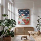 Red White and Blue Floral VI by Leslie Trimbach. shown as a print in a natural wood frame in a dining room. Available as a archival giclee rolled canvas, fine art paper, or poster print. SKU 98889h.