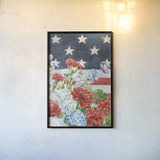 Red White and Blue Floral VI by Leslie Trimbach. shown as a paper print in a black flame. Available as a archival giclee rolled canvas, fine art paper, or poster print. SKU 98889h.