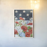 Red White and Blue Floral VI by Leslie Trimbach. shown as a paper print in a white frame. Available as a archival giclee rolled canvas, fine art paper, or poster print. SKU 98889h.