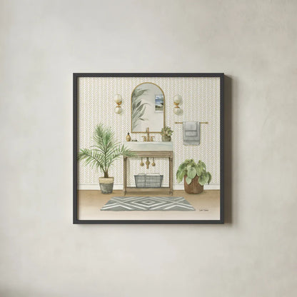 Serene Bath I by Leslie Trimbach. Shown in a sleek black glass frame for a contemporary gallery look. Available as an archival giclee rolled canvas, fine art paper, or poster print. SKU 84089a.