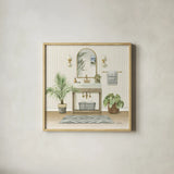Serene Bath I by Leslie Trimbach. Shown in a natural wood glass frame for a timeless modern aesthetic. Available as an archival giclee rolled canvas, fine art paper, or poster print. SKU 84089a.