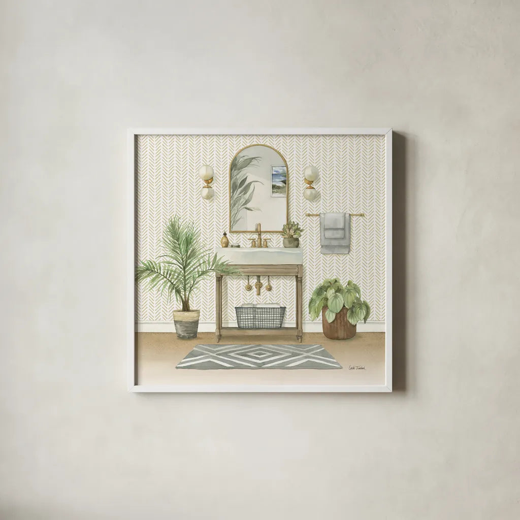 Serene Bath I by Leslie Trimbach. Shown in a crisp white glass frame for a clean and minimalist style. Available as an archival giclee rolled canvas, fine art paper, or poster print. SKU 84089a.