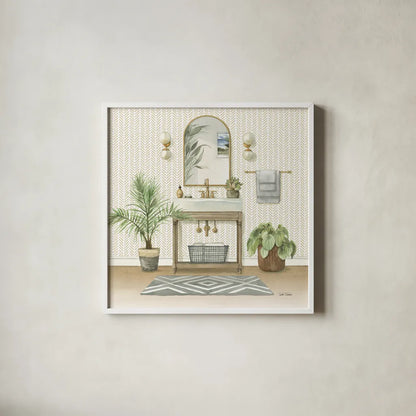 Serene Bath I by Leslie Trimbach. Shown in a crisp white glass frame for a clean and minimalist style. Available as an archival giclee rolled canvas, fine art paper, or poster print. SKU 84089a.