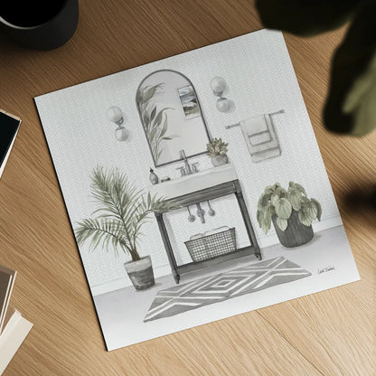 Serene Bath I Gray by Leslie Trimbach. Shown as a detailed flat fine art print, highlighting archival giclee quality. Available as an archival giclee rolled canvas, fine art paper, or poster print. SKU 84745a.