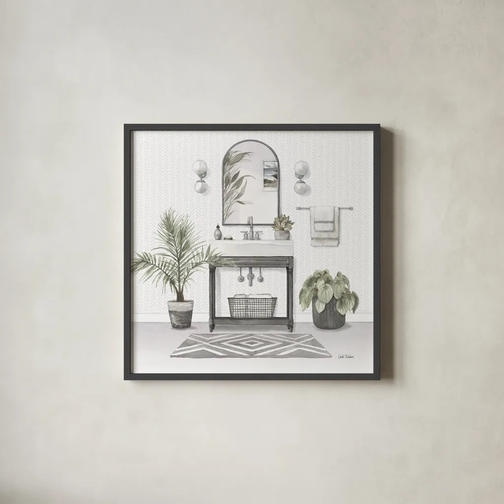 Serene Bath I Gray by Leslie Trimbach. Shown in a sleek black glass frame for a contemporary gallery look. Available as an archival giclee rolled canvas, fine art paper, or poster print. SKU 84745a.