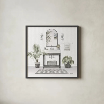 Serene Bath I Gray by Leslie Trimbach. Shown in a sleek black glass frame for a contemporary gallery look. Available as an archival giclee rolled canvas, fine art paper, or poster print. SKU 84745a.
