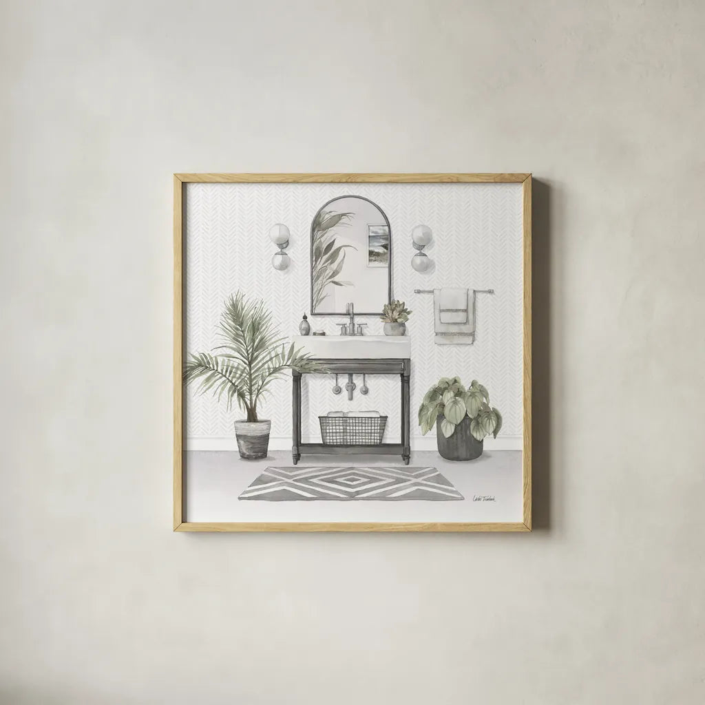 Serene Bath I Gray by Leslie Trimbach. Shown in a natural wood glass frame for a timeless modern aesthetic. Available as an archival giclee rolled canvas, fine art paper, or poster print. SKU 84745a.
