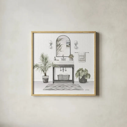 Serene Bath I Gray by Leslie Trimbach. Shown in a natural wood glass frame for a timeless modern aesthetic. Available as an archival giclee rolled canvas, fine art paper, or poster print. SKU 84745a.