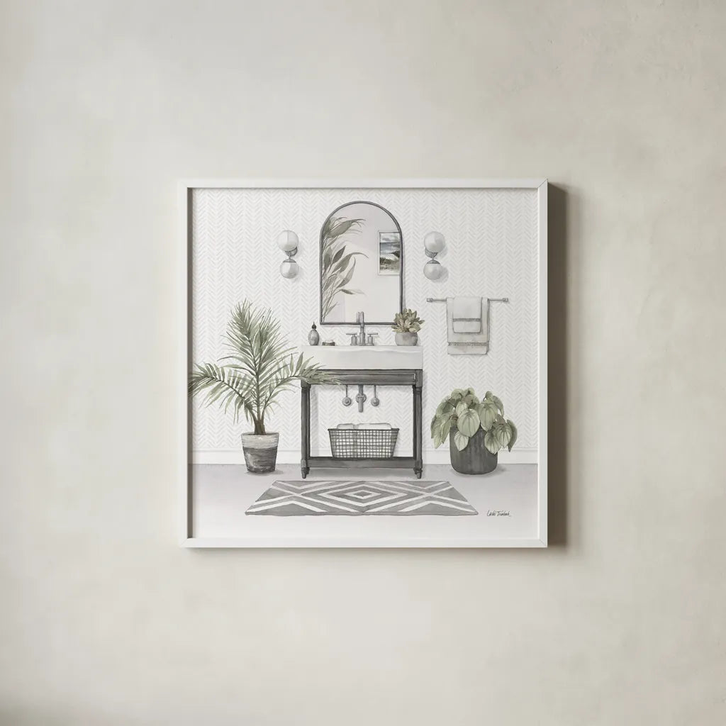 Serene Bath I Gray by Leslie Trimbach. Shown in a crisp white glass frame for a clean and minimalist style. Available as an archival giclee rolled canvas, fine art paper, or poster print. SKU 84745a.