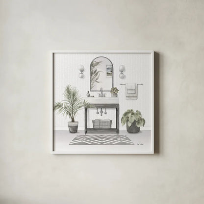 Serene Bath I Gray by Leslie Trimbach. Shown in a crisp white glass frame for a clean and minimalist style. Available as an archival giclee rolled canvas, fine art paper, or poster print. SKU 84745a.