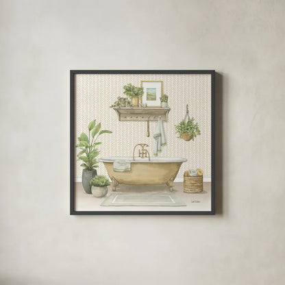 Serene Bath II by Leslie Trimbach. Shown in a sleek black glass frame for a contemporary gallery look. Available as an archival giclee rolled canvas, fine art paper, or poster print. SKU 84090a.