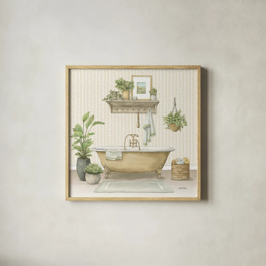 Serene Bath II by Leslie Trimbach. Shown in a natural wood glass frame for a timeless modern aesthetic. Available as an archival giclee rolled canvas, fine art paper, or poster print. SKU 84090a.