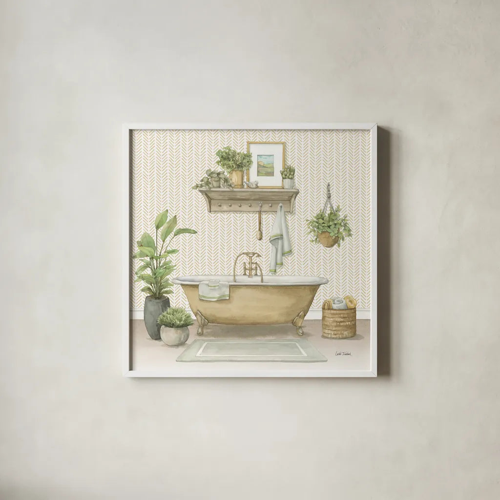Serene Bath II by Leslie Trimbach. Shown in a crisp white glass frame for a clean and minimalist style. Available as an archival giclee rolled canvas, fine art paper, or poster print. SKU 84090a.