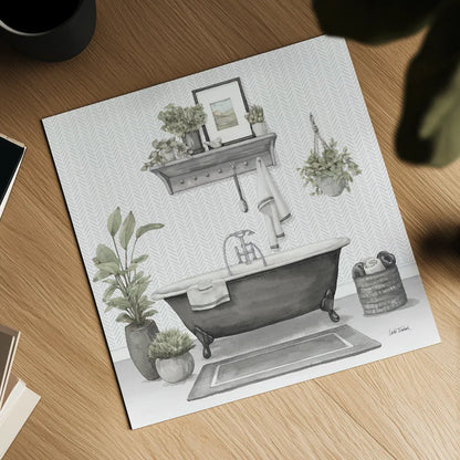 Serene Bath II Gray by Leslie Trimbach. Shown as a detailed flat fine art print, highlighting archival giclee quality. Available as an archival giclee rolled canvas, fine art paper, or poster print. SKU 84746a.