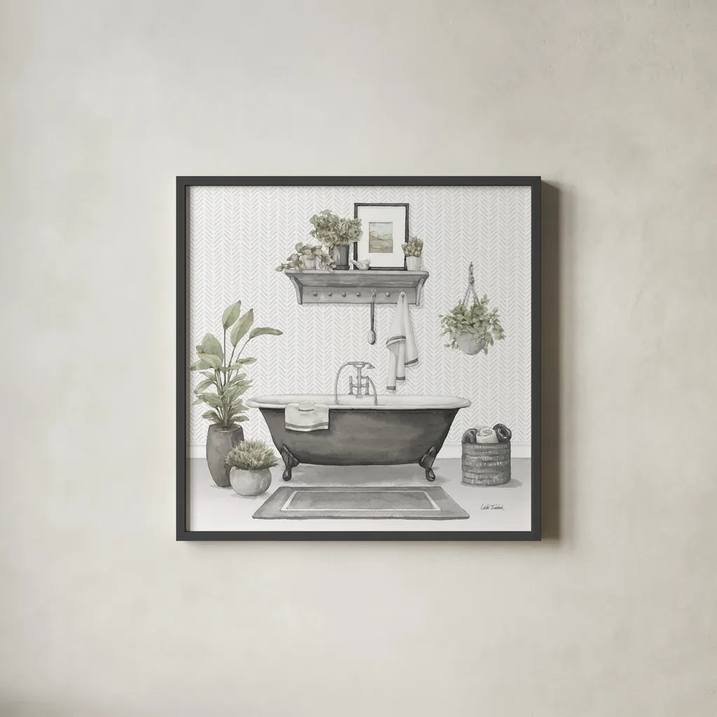 Serene Bath II Gray by Leslie Trimbach. Shown in a sleek black glass frame for a contemporary gallery look. Available as an archival giclee rolled canvas, fine art paper, or poster print. SKU 84746a.