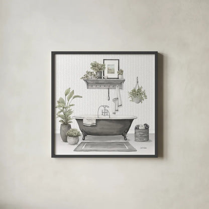 Serene Bath II Gray by Leslie Trimbach. Shown in a sleek black glass frame for a contemporary gallery look. Available as an archival giclee rolled canvas, fine art paper, or poster print. SKU 84746a.