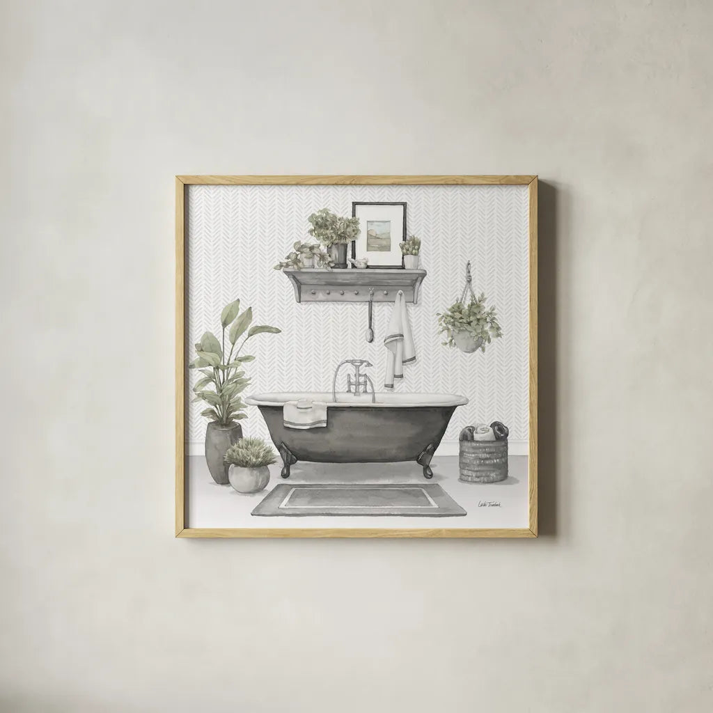 Serene Bath II Gray by Leslie Trimbach. Shown in a natural wood glass frame for a timeless modern aesthetic. Available as an archival giclee rolled canvas, fine art paper, or poster print. SKU 84746a.