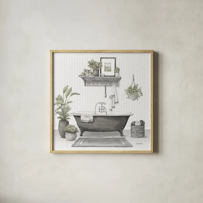 Serene Bath II Gray by Leslie Trimbach. Shown in a natural wood glass frame for a timeless modern aesthetic. Available as an archival giclee rolled canvas, fine art paper, or poster print. SKU 84746a.