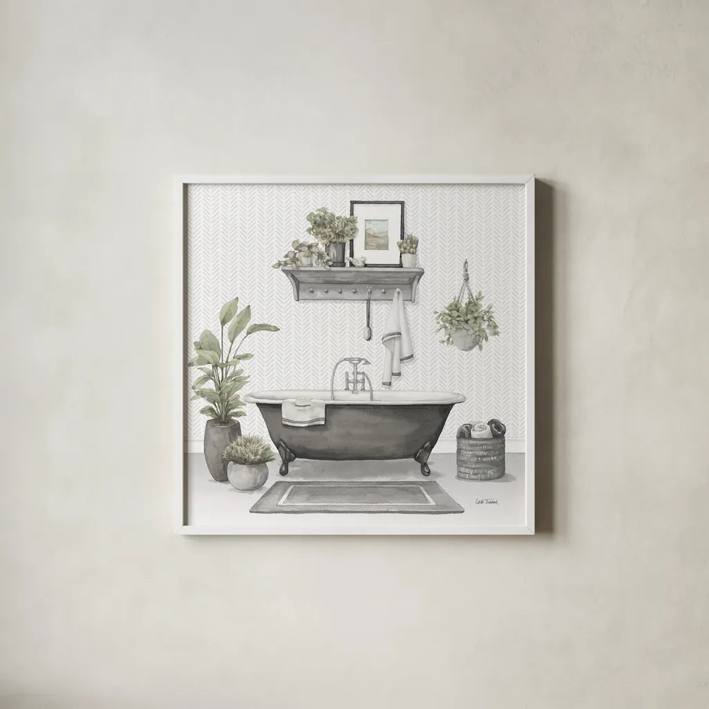 Serene Bath II Gray by Leslie Trimbach. Shown in a crisp white glass frame for a clean and minimalist style. Available as an archival giclee rolled canvas, fine art paper, or poster print. SKU 84746a.