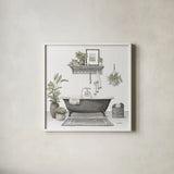 Serene Bath II Gray by Leslie Trimbach. Shown in a crisp white glass frame for a clean and minimalist style. Available as an archival giclee rolled canvas, fine art paper, or poster print. SKU 84746a.
