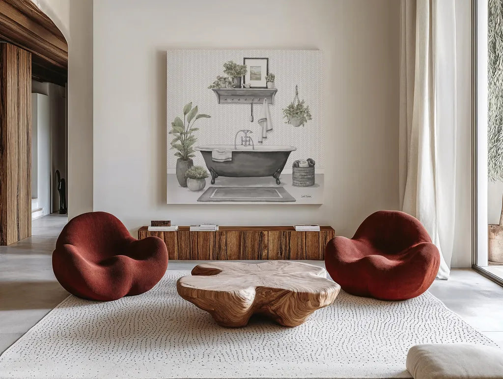 Serene Bath II Gray by Leslie Trimbach. Shown as extra-large giant wall art in a modern living room. Available as an archival giclee rolled canvas, fine art paper, or poster print. SKU 84746a.