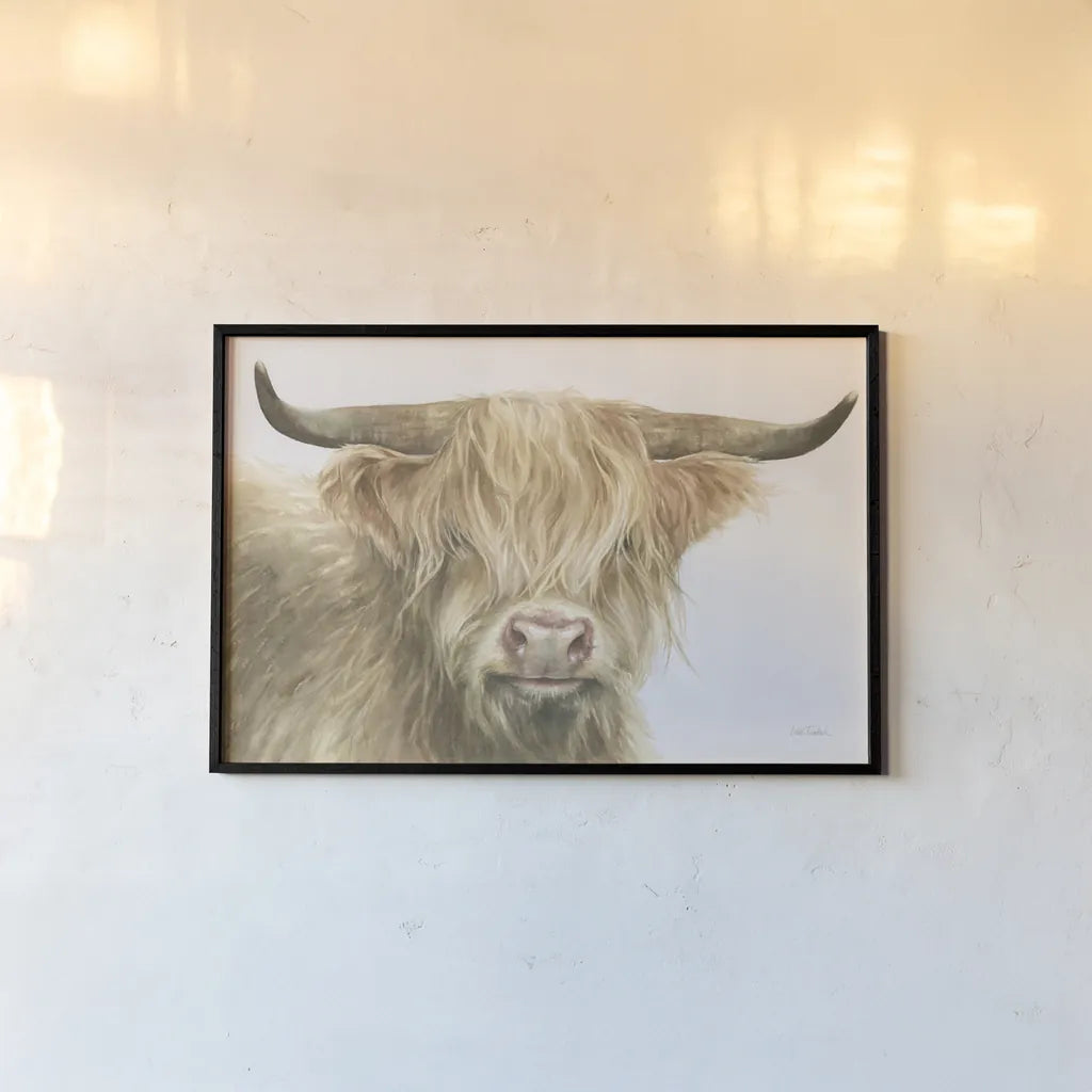 Shetland Cow by Leslie Trimbach. shown as a paper print in a black flame. Available as a archival giclee rolled canvas, fine art paper, or poster print. SKU 84629i.