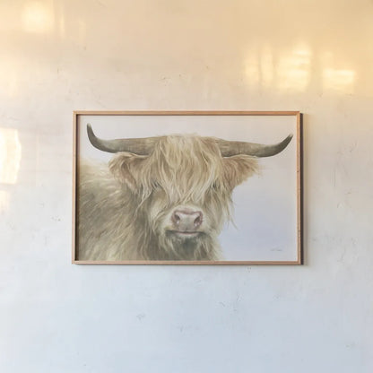 Shetland Cow by Leslie Trimbach. shown as a paper print in a natural frame. Available as a archival giclee rolled canvas, fine art paper, or poster print. SKU 84629i.