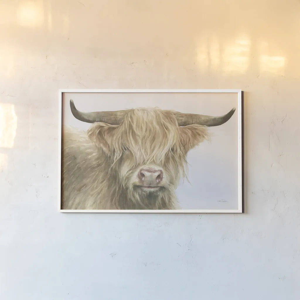 Shetland Cow by Leslie Trimbach. shown as a paper print in a white frame. Available as a archival giclee rolled canvas, fine art paper, or poster print. SKU 84629i.