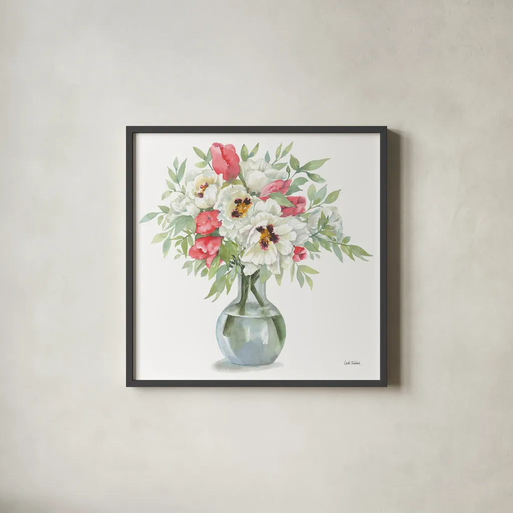Showy Blooms by Leslie Trimbach. Shown in a sleek black glass frame for a contemporary gallery look. Available as an archival giclee rolled canvas, fine art paper, or poster print. SKU 83194a.