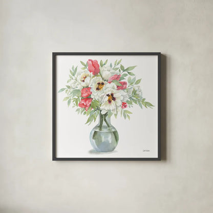 Showy Blooms by Leslie Trimbach. Shown in a sleek black glass frame for a contemporary gallery look. Available as an archival giclee rolled canvas, fine art paper, or poster print. SKU 83194a.