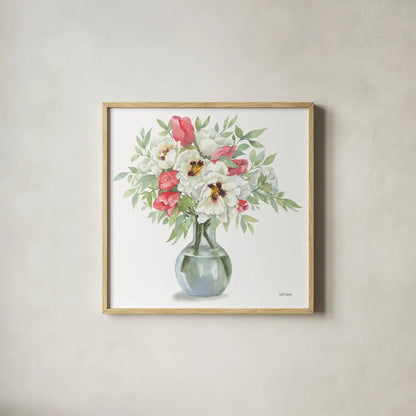 Showy Blooms by Leslie Trimbach. Shown in a natural wood glass frame for a timeless modern aesthetic. Available as an archival giclee rolled canvas, fine art paper, or poster print. SKU 83194a.