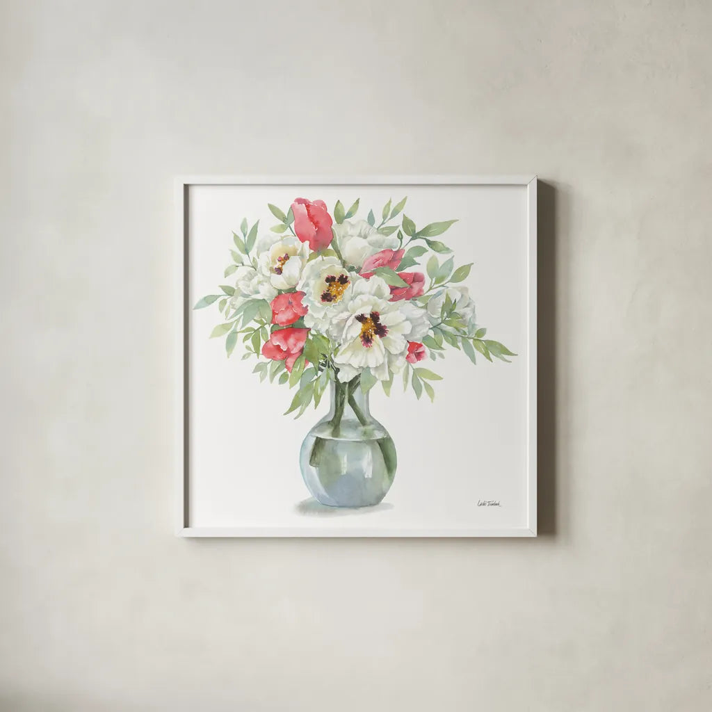 Showy Blooms by Leslie Trimbach. Shown in a crisp white glass frame for a clean and minimalist style. Available as an archival giclee rolled canvas, fine art paper, or poster print. SKU 83194a.