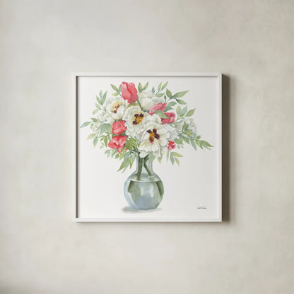 Showy Blooms by Leslie Trimbach. Shown in a crisp white glass frame for a clean and minimalist style. Available as an archival giclee rolled canvas, fine art paper, or poster print. SKU 83194a.
