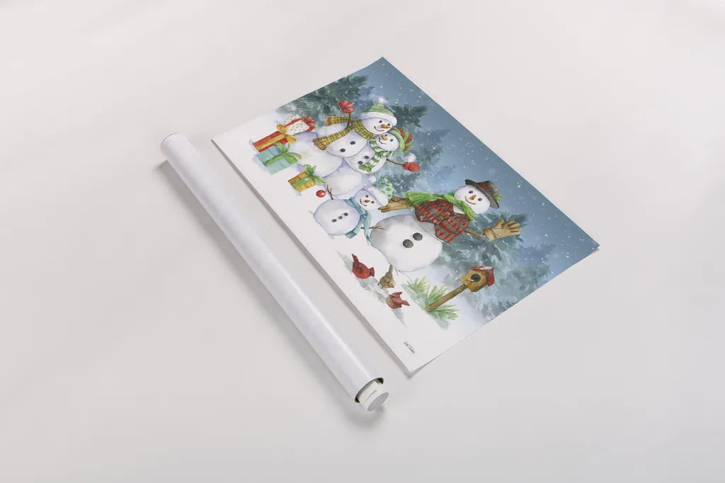 Snowman Family I by Leslie Trimbach. shown as a rolled paper print. Available as archival giclee rolled canvas, fine art paper, or poster print. SKU 85253i.