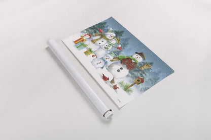 Snowman Family I by Leslie Trimbach. shown as a rolled paper print. Available as archival giclee rolled canvas, fine art paper, or poster print. SKU 85253i.