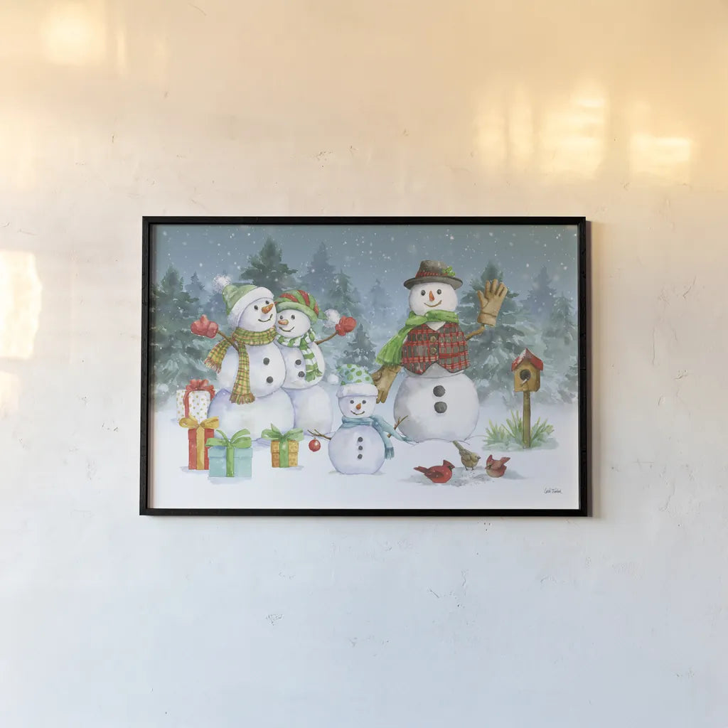 Snowman Family I by Leslie Trimbach. shown as a paper print in a black flame. Available as a archival giclee rolled canvas, fine art paper, or poster print. SKU 85253i.