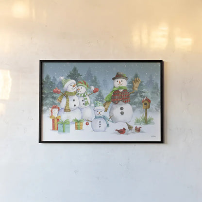 Snowman Family I by Leslie Trimbach. shown as a paper print in a black flame. Available as a archival giclee rolled canvas, fine art paper, or poster print. SKU 85253i.