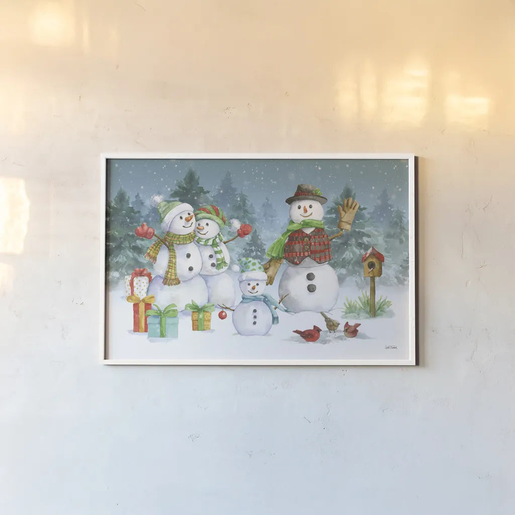 Snowman Family I by Leslie Trimbach. shown as a paper print in a white frame. Available as a archival giclee rolled canvas, fine art paper, or poster print. SKU 85253i.