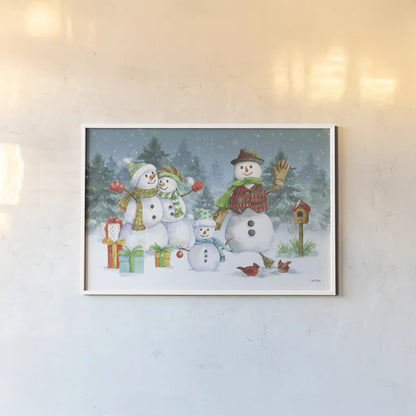 Snowman Family I by Leslie Trimbach. shown as a paper print in a white frame. Available as a archival giclee rolled canvas, fine art paper, or poster print. SKU 85253i.