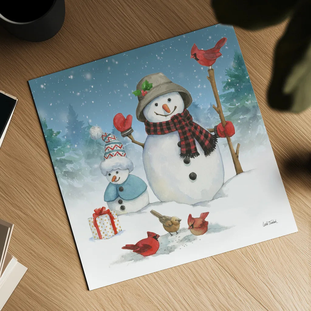 Snowman Family II by Leslie Trimbach. Shown as a detailed flat fine art print, highlighting archival giclee quality. Available as an archival giclee rolled canvas, fine art paper, or poster print. SKU 85254a.
