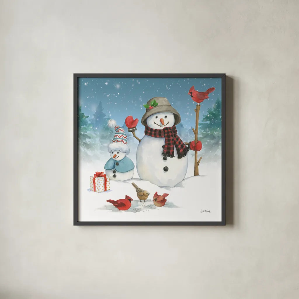 Snowman Family II by Leslie Trimbach. Shown in a sleek black glass frame for a contemporary gallery look. Available as an archival giclee rolled canvas, fine art paper, or poster print. SKU 85254a.