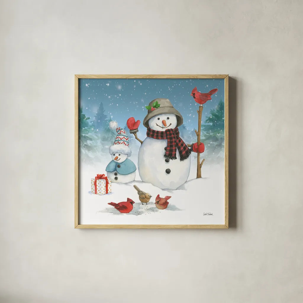 Snowman Family II by Leslie Trimbach. Shown in a natural wood glass frame for a timeless modern aesthetic. Available as an archival giclee rolled canvas, fine art paper, or poster print. SKU 85254a.