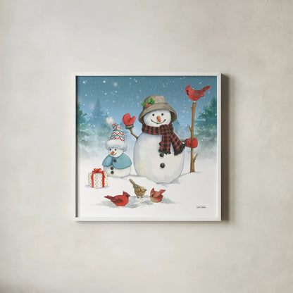 Snowman Family II by Leslie Trimbach. Shown in a crisp white glass frame for a clean and minimalist style. Available as an archival giclee rolled canvas, fine art paper, or poster print. SKU 85254a.