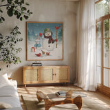 Snowman Family II by Leslie Trimbach. Shown in a natural wood frame in a cozy modern living room. Available as an archival giclee rolled canvas, fine art paper, or poster print. SKU 85254a.