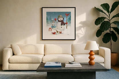 Snowman Family II by Leslie Trimbach. Displayed in a glass frame with matte in a clean modern living room. Available as an archival giclee rolled canvas, fine art paper, or poster print. SKU 85254a.