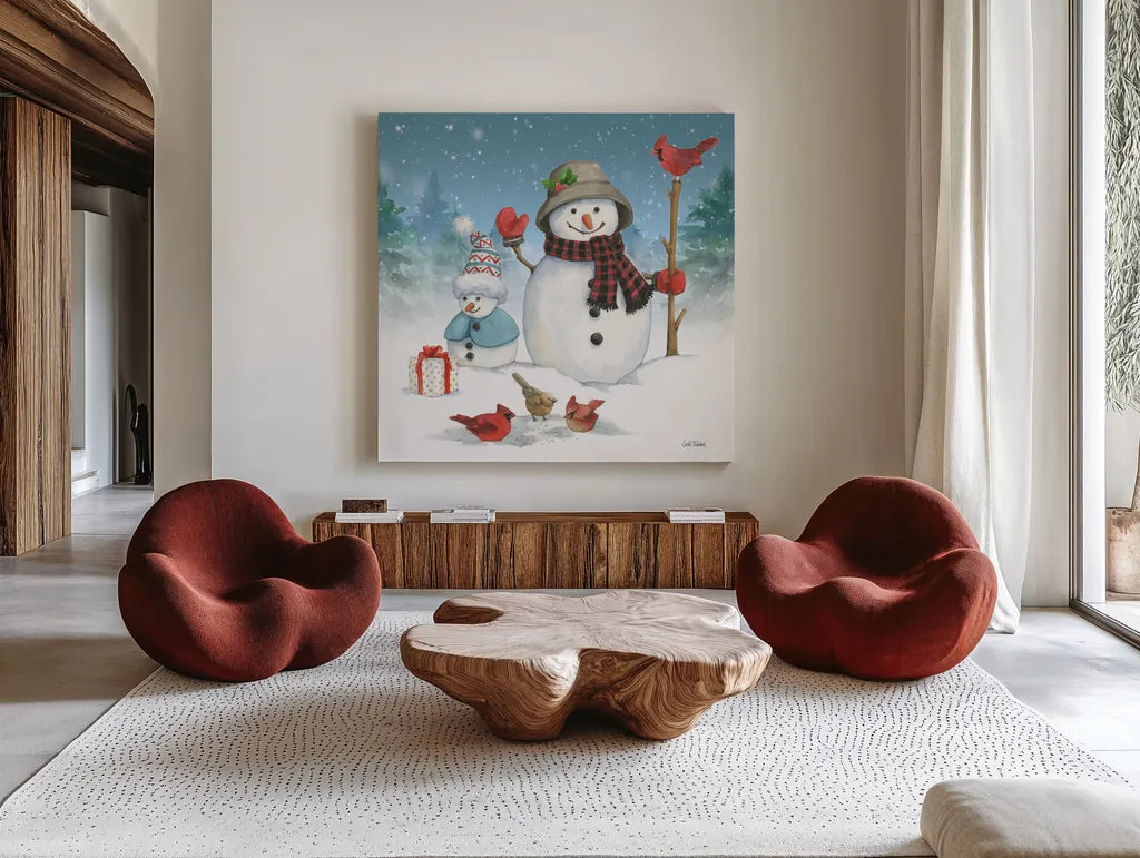 Snowman Family II by Leslie Trimbach. Shown as extra-large giant wall art in a modern living room. Available as an archival giclee rolled canvas, fine art paper, or poster print. SKU 85254a.