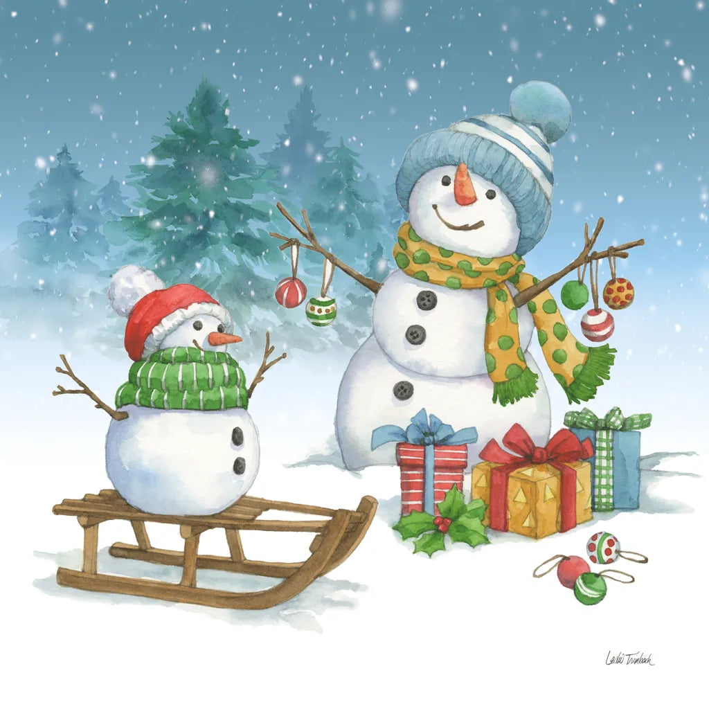Snowman Family III by Leslie Trimbach. SKU 85255a. Archival Giclee Fine art print for wall decor.