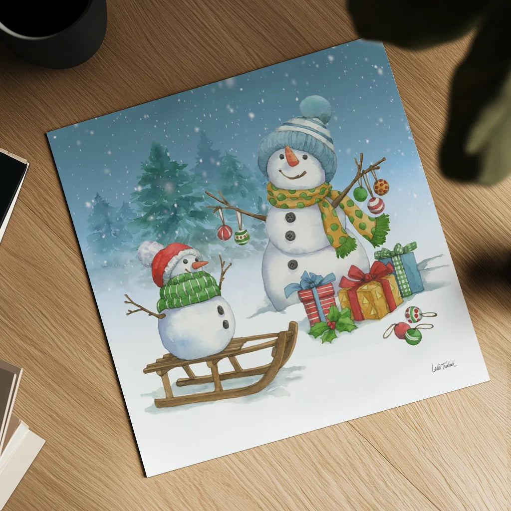 Snowman Family III by Leslie Trimbach. Shown as a detailed flat fine art print, highlighting archival giclee quality. Available as an archival giclee rolled canvas, fine art paper, or poster print. SKU 85255a.