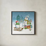 Snowman Family III by Leslie Trimbach. Shown in a sleek black glass frame for a contemporary gallery look. Available as an archival giclee rolled canvas, fine art paper, or poster print. SKU 85255a.