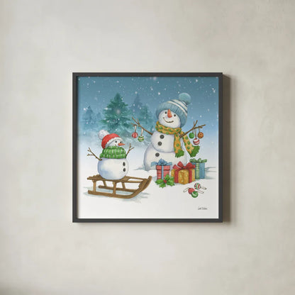 Snowman Family III by Leslie Trimbach. Shown in a sleek black glass frame for a contemporary gallery look. Available as an archival giclee rolled canvas, fine art paper, or poster print. SKU 85255a.